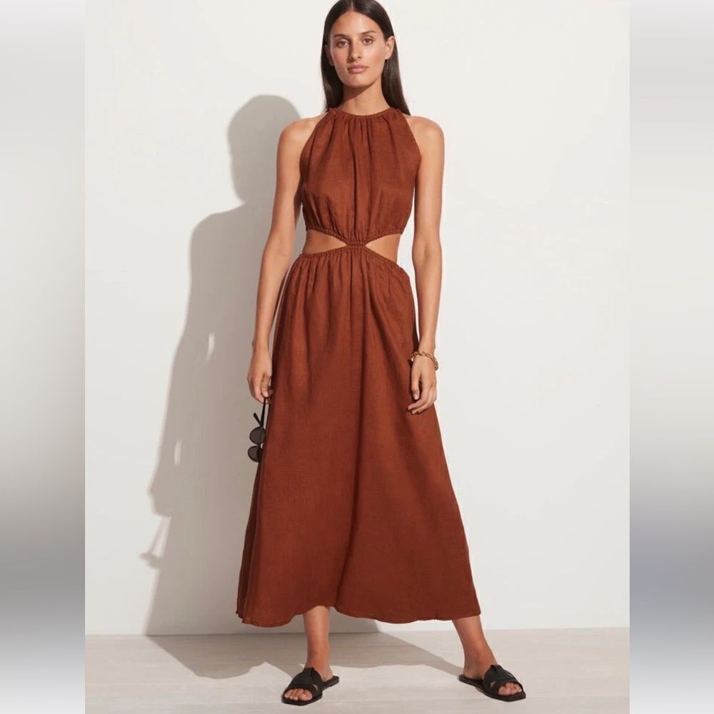 Faithfull the Brand Trapani Cutout Linen Midi NWT Dress Plain Spice Size 12
